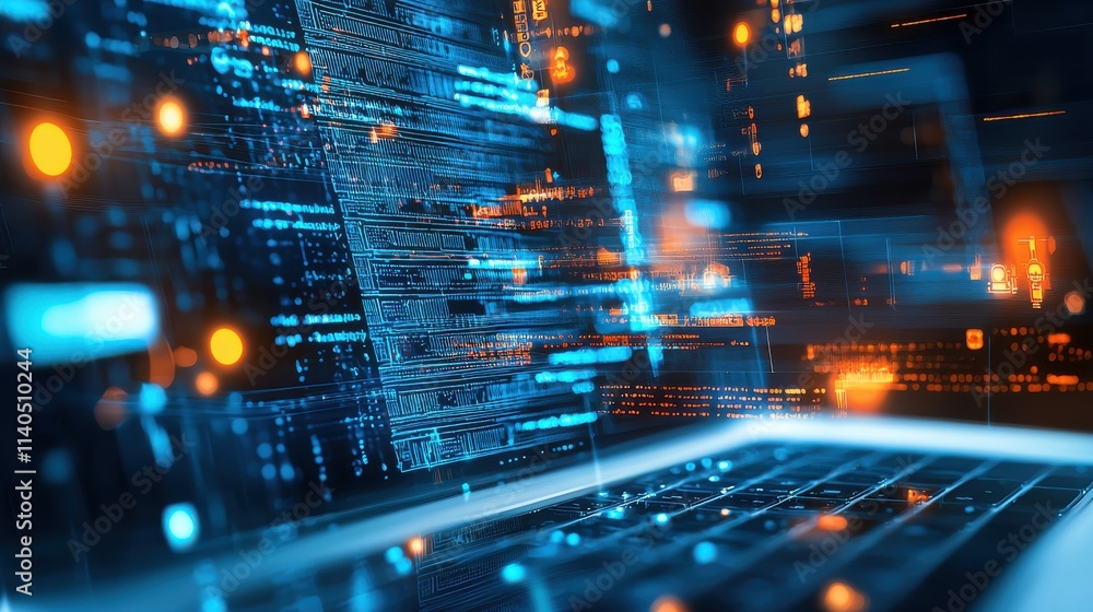 Poster abstract digital technology background with glowing lights and lines, depicting data transfer and mo