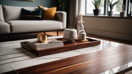 Modern living room scene featuring a wooden coffee table with decorative items, candles, and plants, exuding a cozy ambiance.