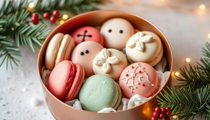 Obraz premium A festive assortment of decorated macarons in a decorative box, perfect for celebrations.