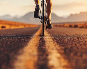 Cyclist on long straight road in marathon, expansive plains, endurance at its peak