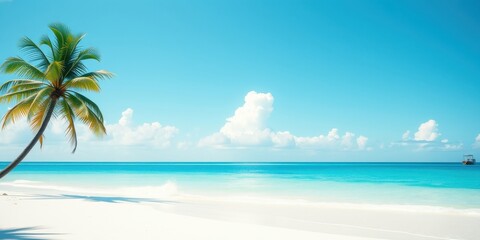 Fototapeta premium Serene tropical beach scene with palm tree and distant boat under a bright blue sky