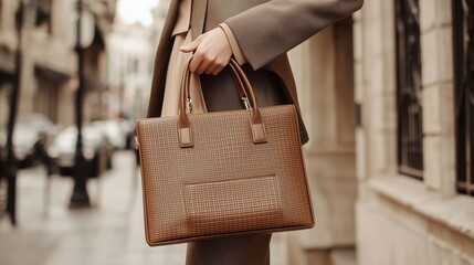 Fashion design event showcasing mocha mousse handbags in urban street environment from a stylish perspective