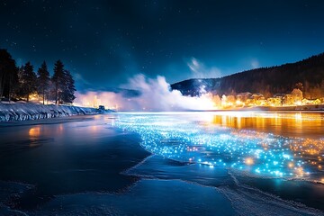 New Year Fireworks Display Over Frozen Lake with Reflecting Lights