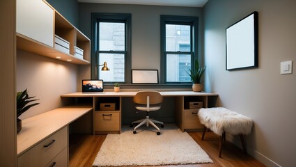 Fototapeta premium A minimalist home office featuring a wooden desk and designer chair. The space is adorned with potted plants and illuminated by natural light through large windows