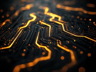 A close-up view of a circuit board with glowing orange lines against a dark background, illustrating technology and connectivity.
