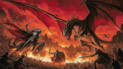 Epic fantasy battle scene with a dragon and warriors. Concept of Courage, conflict, mythology.