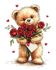 Cute teddy bear holding a bouquet of red roses, illustration for Valentine's Day card on a white background.