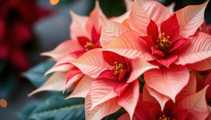 A close-up of vibrant poinsettia flowers showcasing red and pink petals.