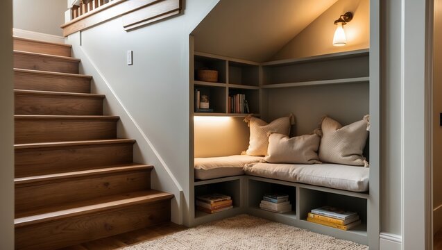 Cozy nook under stairway featuring plush cushions, soft lighting, books, and wooden stairs, creating an inviting atmosphere for relaxation or reading.