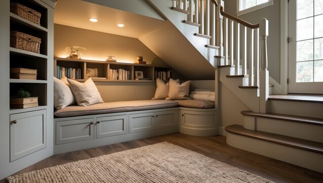 Cozy under-stairs nook with built-in shelving, soft seating, and warm lighting, creating a serene reading corner in modern home.