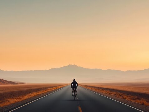 Cyclist leading marathon, long highway stretching ahead, sunset glow