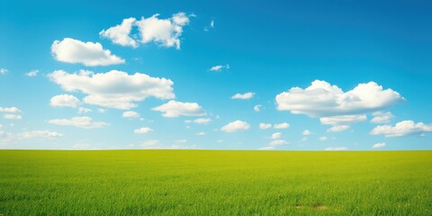 Fototapeta premium Serene Landscape of Vibrant Green Field Under a Bright Blue Sky with Fluffy White Clouds