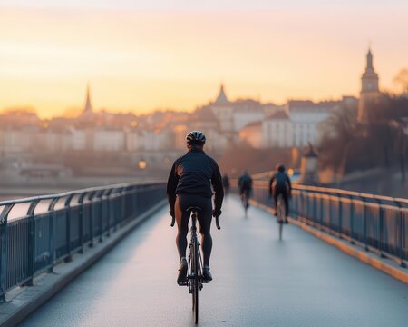 Marathon cyclists on bridge overlooking city river, early morning light, iconic route