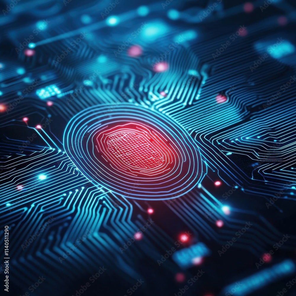 Poster abstract close-up of a futuristic digital fingerprint vector overlaid on a circuit board background,