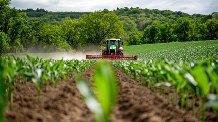 Fototapeta premium Spraying Pesticides on Corn Fields During Spring.