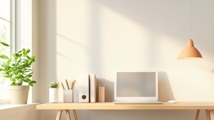 Modern Minimalist Workspace with Natural Light and Green Plants, Featuring a Laptop on a Wooden Desk and Stylish Hanging Lamp for Productivity and Inspiration