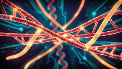 Intricate DNA strands intertwined with glowing nodes, symbolizing genetic research and advances in biotechnology within a futuristic digital environment.