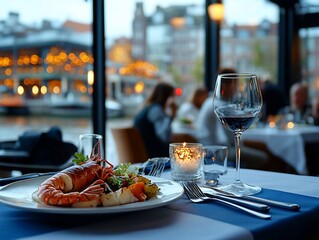 Lobster dinner at waterfront restaurant, romantic ambiance.