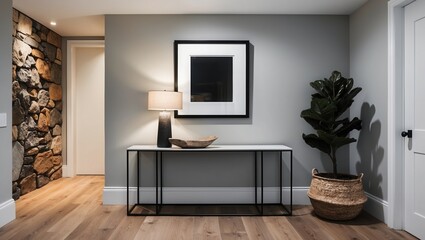 Fototapeta premium Modern hallway interior featuring sleek console table, decorative lamp, stylish artwork, stone wall, and lush indoor plant. Warm, inviting ambiance promotes relaxation.
