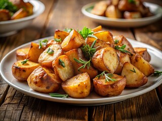 Macro Photography: Roasted Potato Pieces Close-Up, Round Plate, Delicious Food