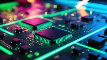 Fototapeta premium Close-up of an illuminated circuit board featuring neon green and purple lines, showcasing intricate microchips and electronic components in a modern tech aesthetic.