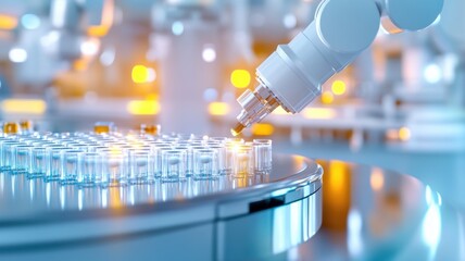 selective focus on robotic arm in advanced pharmaceutical laboratory for virus research and vaccine development