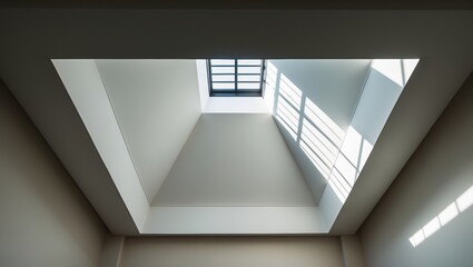 Obraz premium Modern architectural design with triangular skylight and minimalistic aesthetic, showcasing bright natural light and clean lines.