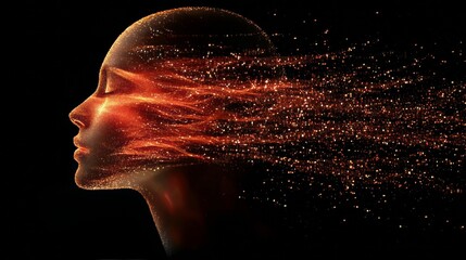 Concept of artificial intelligence represented by a glowing human profile with cosmic elements