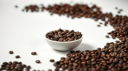 Naklejka premium A small white bowl filled with roasted coffee beans sits amidst a scattering of beans on a pristine white surface