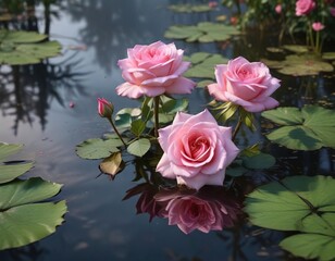 Pink rose-like blooms on the surface of a pond, foliage, lake plants, pink hues