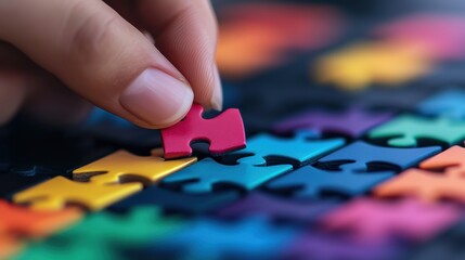 Fototapeta premium Risk analysis method. A hand placing a colorful puzzle piece onto a vibrant puzzle background.
