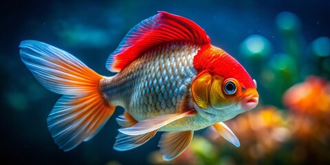Obraz premium Macro Photography: Stunning Red Cap Oranda Goldfish, Close-Up Details, Aquatic Life, Vibrant Scales, Fin Details, Goldfish Portrait