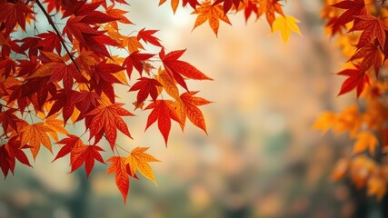 Autumnal foliage showcasing vibrant red and orange leaves on a branch against a soft-focus background.