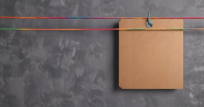 Plain brown cardboard label with colorful string on grey background, , cardboard