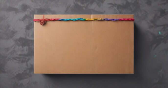 Plain brown cardboard label with colorful string on grey background, coloured thread, colour palette, grey hues