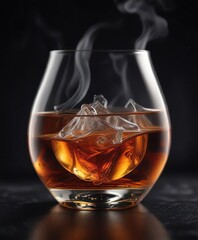 Premium Brandy Cognac in a Smoke-Filled Glass on a Black Leather Background, smoke filled glass, dark colors, premium brandy cognac