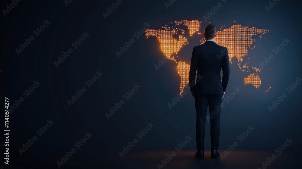 Poster professional change networking concept. businessman observing a digital world map in a dark environm