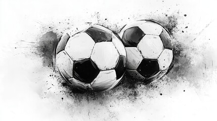 Abstract Ink Sketch of Two Soccer Balls in Dynamic Action Against a Grunge Background