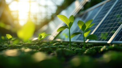 Fototapeta premium Sustainable growth solar energy and plant life in urban greenhouses nature photography evening light eco-friendly concept