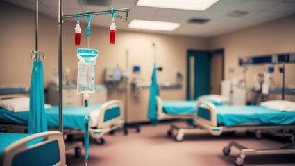 Fototapeta premium Empty hospital room with turquoise bedding, intravenous drip stands, and medical equipment, conveying a sterile and clinical atmosphere.