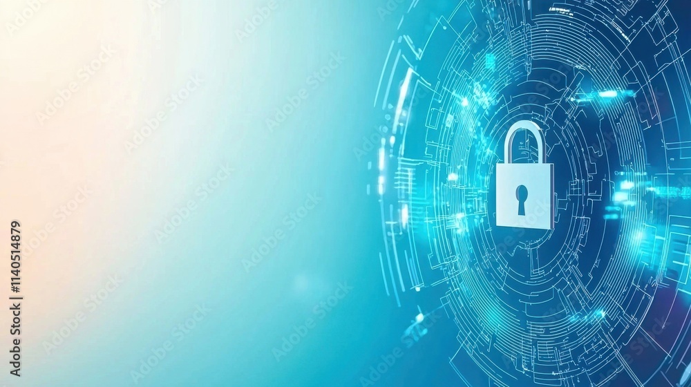 Poster digital security concept with a lock symbolizing data protection and cybersecurity over a futuristic