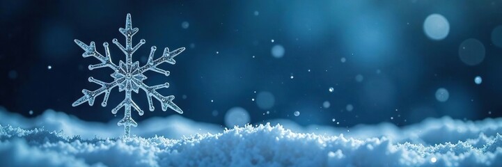 Delicate mercury glass snowflake suspended in air on dark blue backdrop, wintery atmosphere, snowy scene, ornament