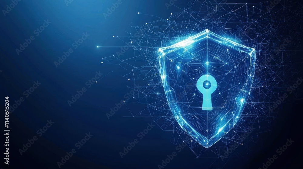Poster digital security concept featuring glowing shield with keyhole and network connections on abstract b