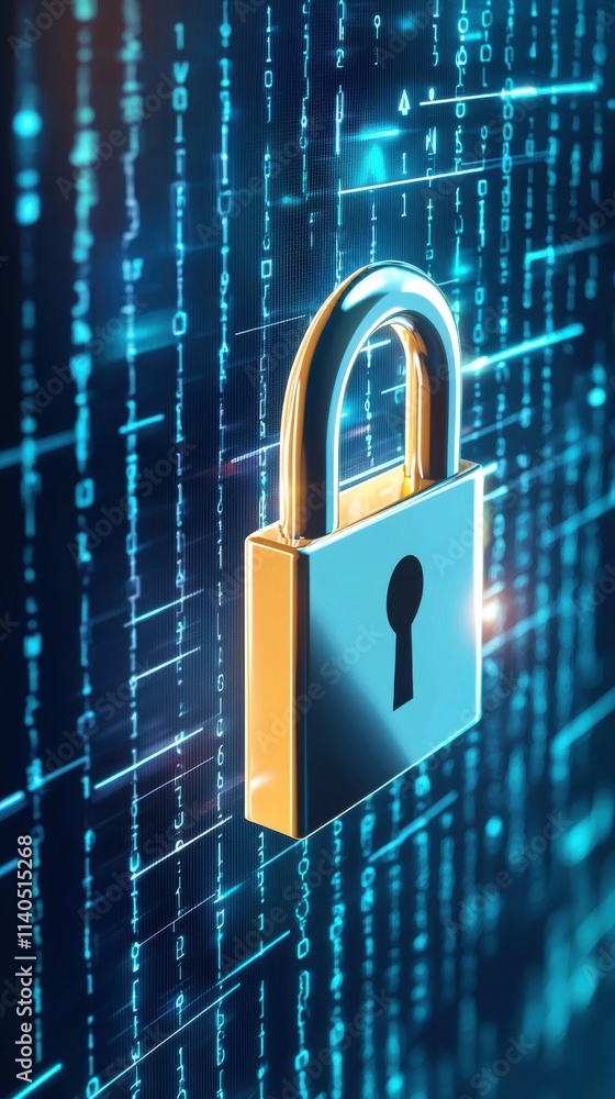 Poster digital security concept featuring a metallic lock against a futuristic background of blue binary co