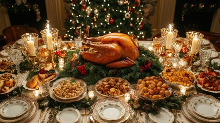 Christmas dinner table setting with roasted turkey and festive decorations