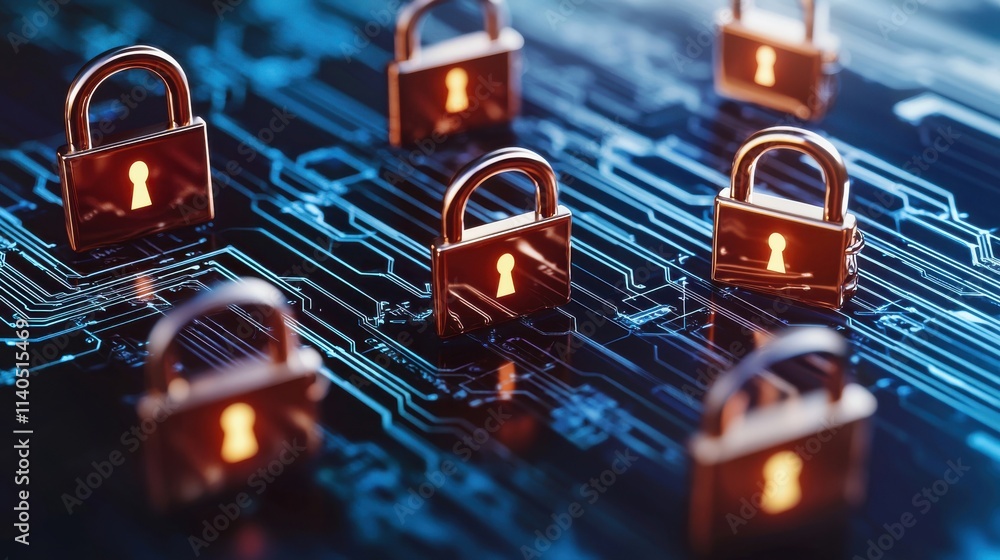 Poster digital security concept with golden padlocks on a futuristic circuit board background representing 