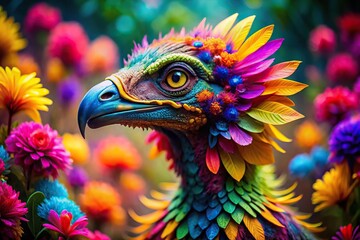 Obraz premium surreal raptor with colorful feathers and flowers