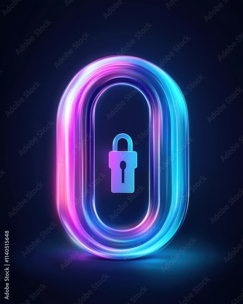 Poster futuristic neon lock symbol in abstract shape featuring bright colors and soft glow on dark backgrou
