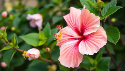 Obraz premium A close-up of a pink hibiscus flower surrounded by green leaves and buds.