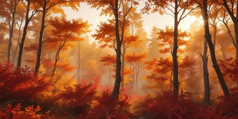 Obraz premium Dense foliage of golden hues and crimson leaves against a vibrant orange sky, with sunlight filtering through the forest canopy, foliage colors, autumn sunset